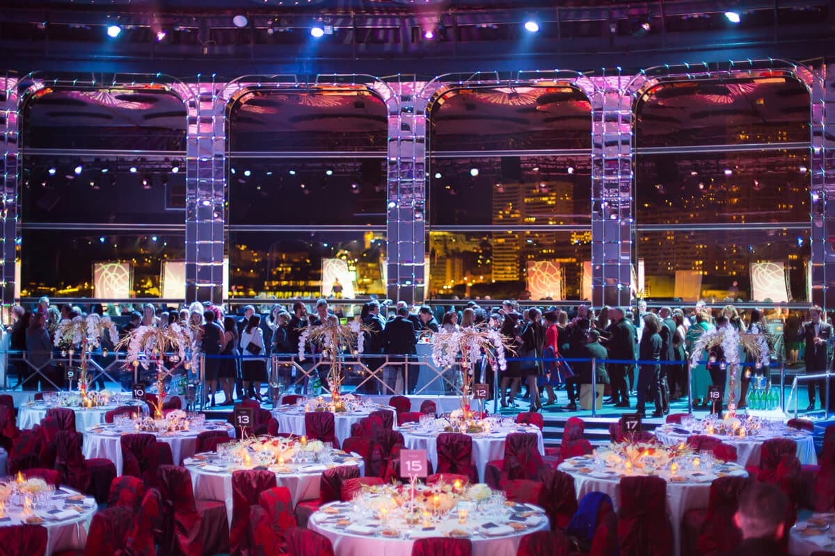 Ballroom set for a gala dinner